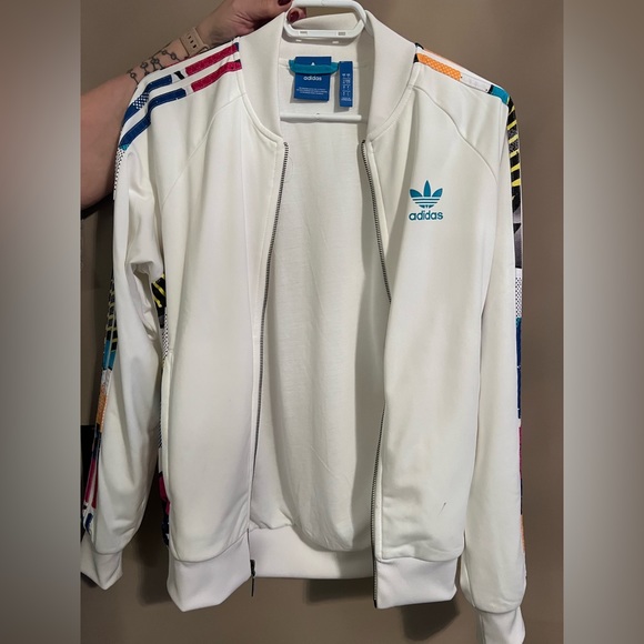 Adidas size small track jacket, white with multicolour design - Picture 1 of 3